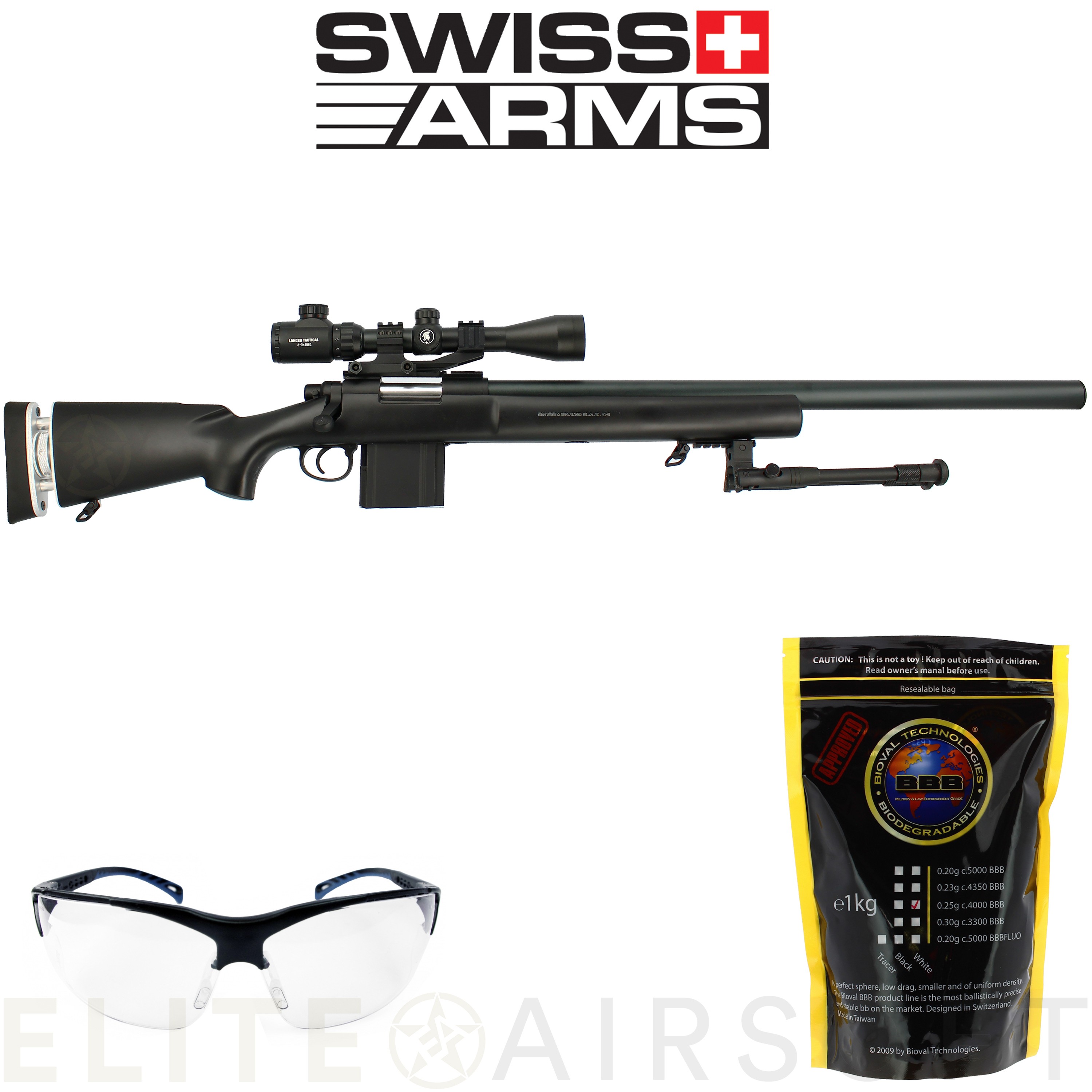 PACK Swiss Arms - Fusil de sniper Type M24 SAS 04 - Spring - Noir (1.9 joules)